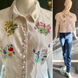 Vintage 90s René Derhy blouse white cotton with floral embroidery Size M